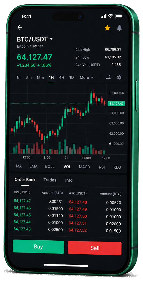 Swap + Xp Kapidex trading platform on mobile — live BTC/USDT chart, order book, and buy/sell interface